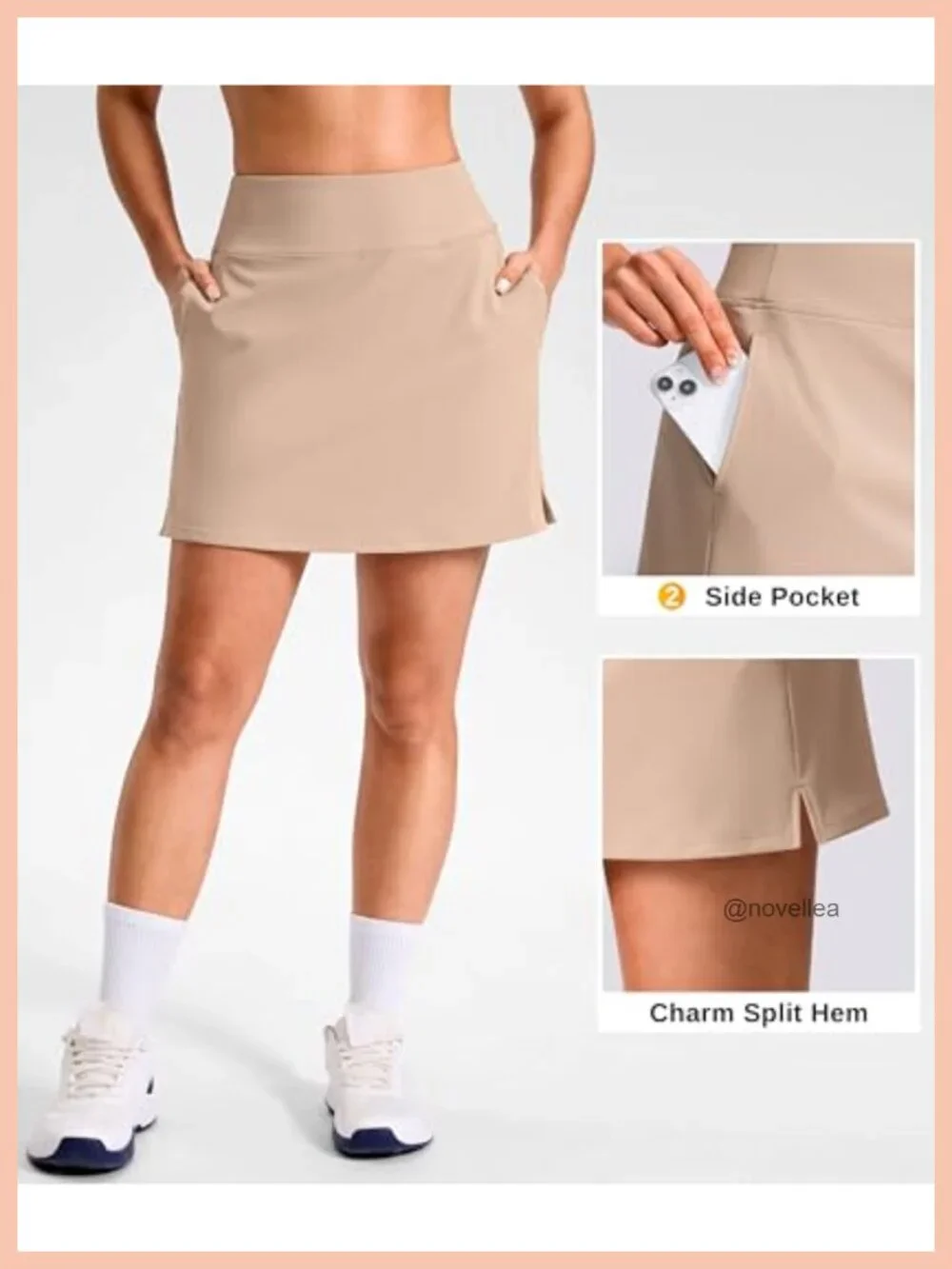 Active Skort with 3 Pockets, High Waisted A-Line, Side Slits, Polyester Blend